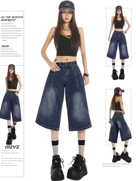 MZVZ American retro dark blue denim cropped pants for women in summer
