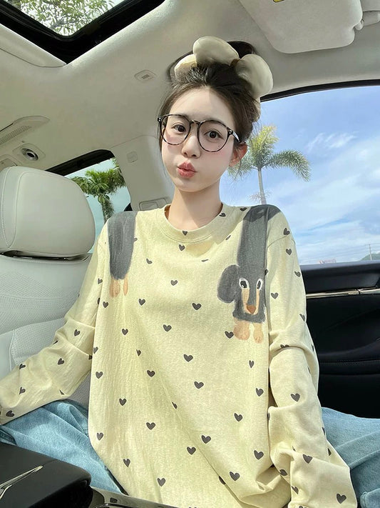 Yellow long-sleeved T-shirt for women, new design, cartoon puppy love print, lazy style, relaxed casual top