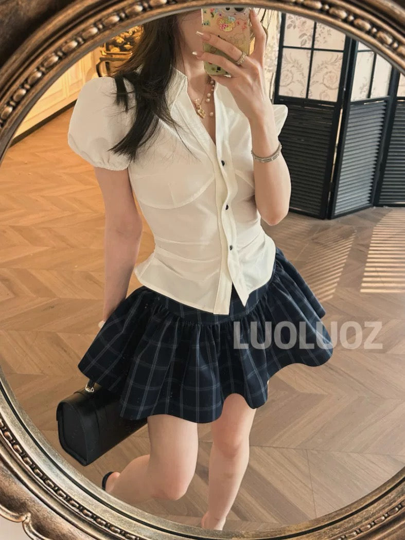 LUOLUOZ【Qingchuan Huaying】Elegant Two-Piece Set: Shirt Top + Mini Skirt Pants JF821