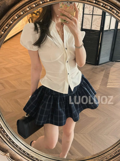 LUOLUOZ【Qingchuan Huaying】Elegant Two-Piece Set: Shirt Top + Mini Skirt Pants JF821