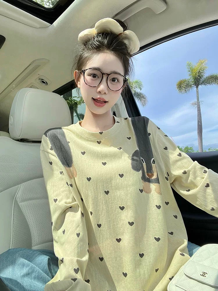 Yellow long-sleeved T-shirt for women, new design, cartoon puppy love print, lazy style, relaxed casual top