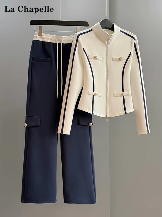 La Chapelle Korean-style autumn set—stunningly stylish and slimming—featuring a sweatshirt cardigan and wide-leg trousers. A chic, casual outfit for women.