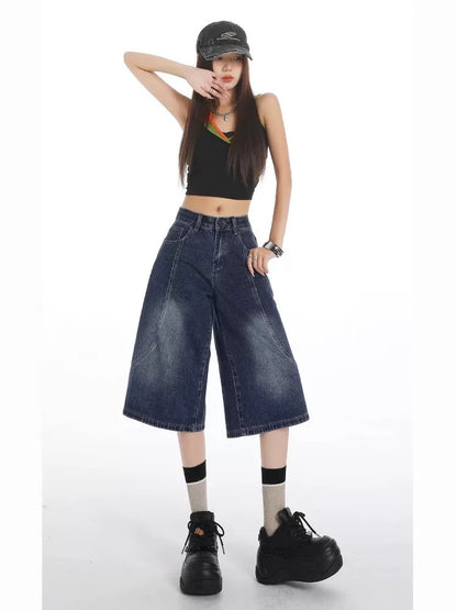 MZVZ American retro dark blue denim cropped pants for women in summer
