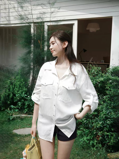 OIOI ESSE｜Tencel Linen Relaxed Long-Sleeve White Shirt for Women, Summer Clean Fit Breathable Sun Protection Top