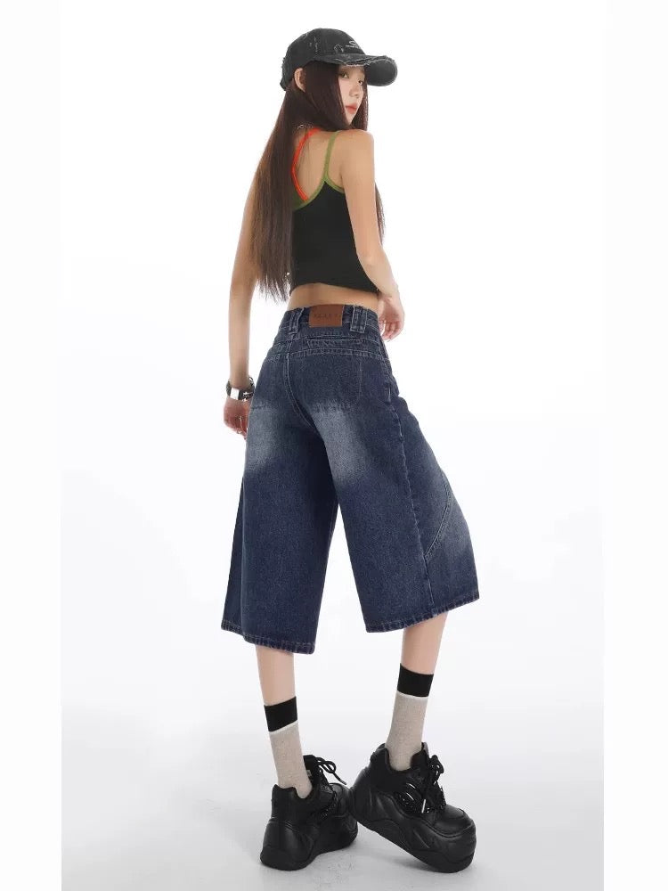 MZVZ American retro dark blue denim cropped pants for women