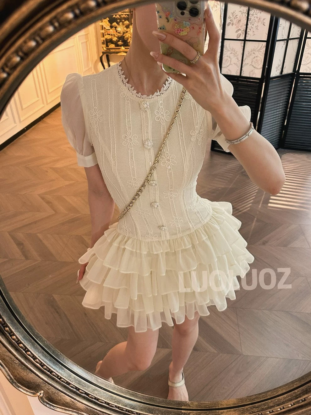 LUOLUOZ【Moonlight Teacup】Elegant Mesh Sleeves, Slim Waist, Cake Dress, Short Dress cc103