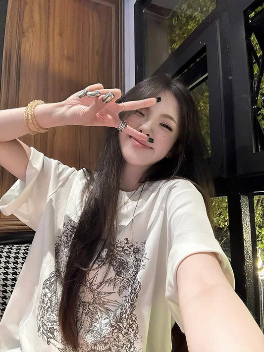 American retro hot diamond print white short-sleeved T-shirt for women, loose and slim design, casual and versatile pullover top