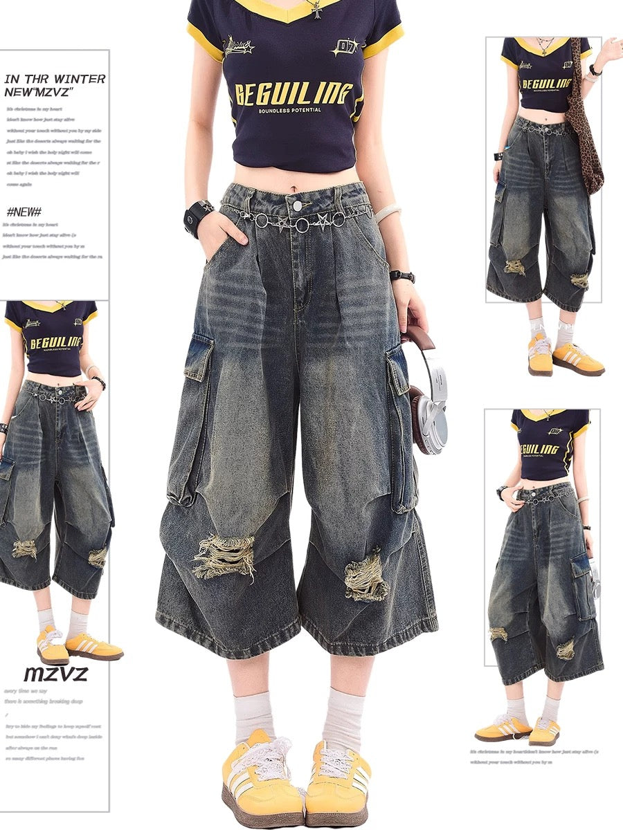 MZVZ American retro ripped denim cropped trousers for women in summer