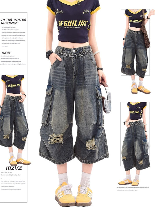 MZVZ American retro ripped denim cropped trousers for women in summer