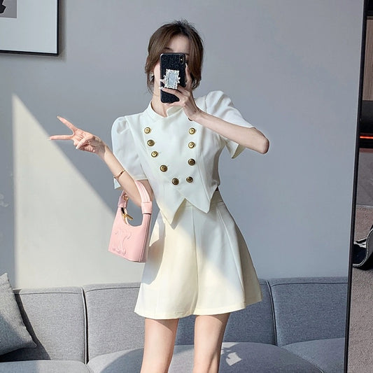 High-end small fragrance summer suit skirt for women summer puff sleeve Korean top short high waist skirt two-piece set