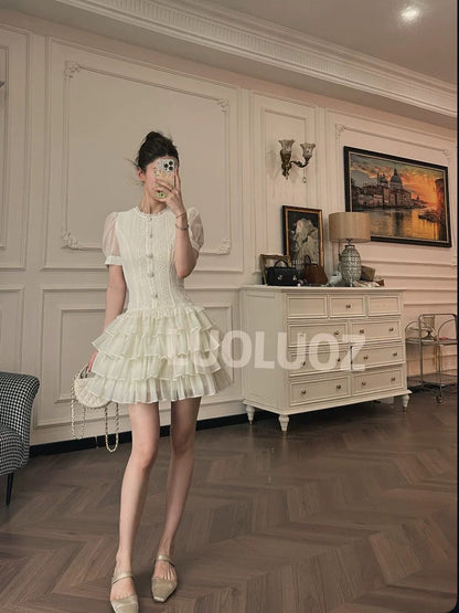 LUOLUOZ【Moonlight Teacup】Elegant Mesh Sleeves, Slim Waist, Cake Dress, Short Dress cc103