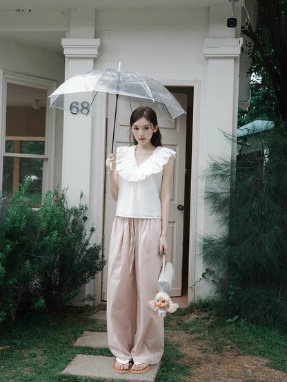 OIOI ESSE｜Summer Breathable Loose Wide-Leg Pants for Women, Casual Style, Relaxed Fit, Drawstring Floor-Length Pants