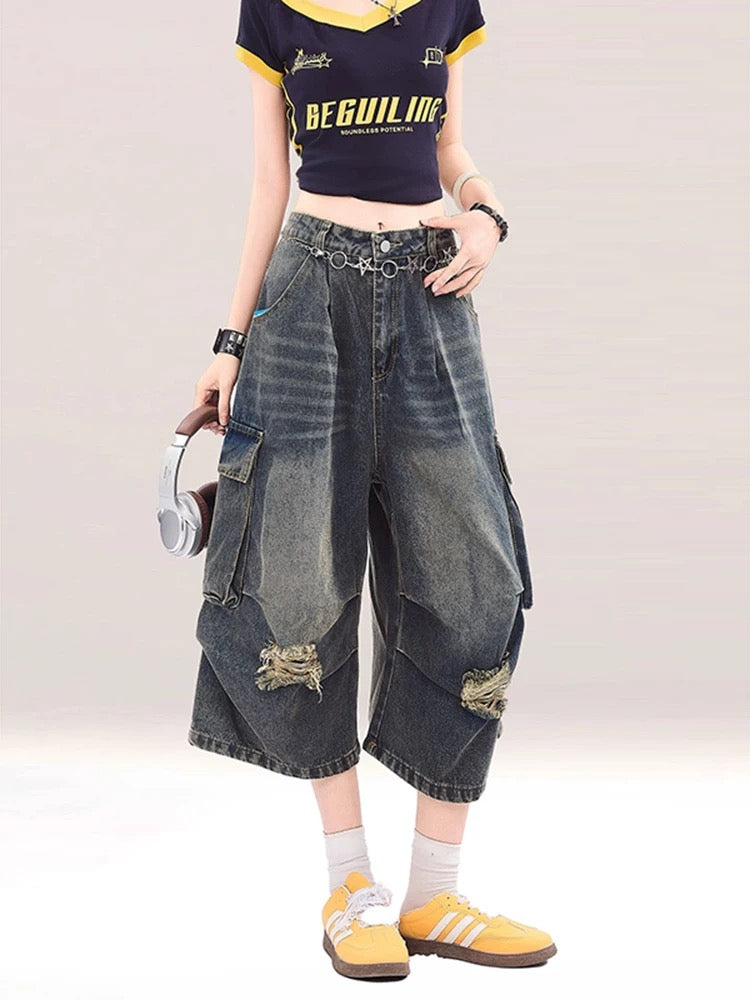 MZVZ American retro ripped denim cropped trousers for women in summer