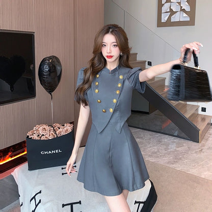 High-end small fragrance summer suit skirt for women summer puff sleeve Korean top short high waist skirt two-piece set