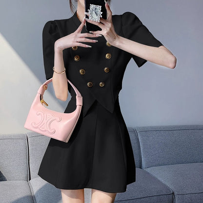 High-end small fragrance summer suit skirt for women summer puff sleeve Korean top short high waist skirt two-piece set