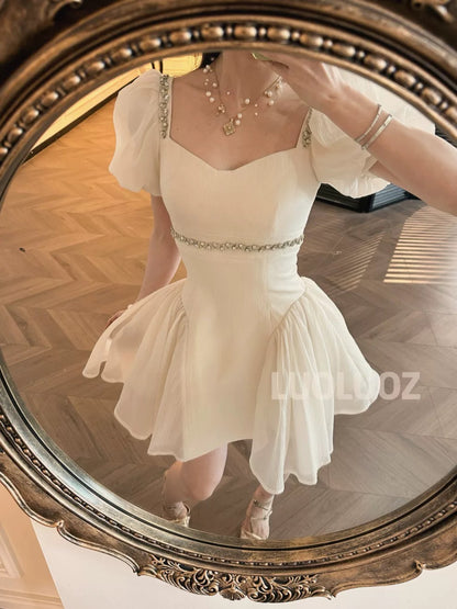 LUOLUOZ【Lingyuan Carnival】High-End Elegant Puff Sleeve Waist-Slimming Rhinestone Design Short Dress JF875