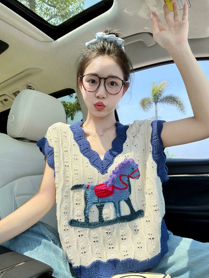 Cartoon Trojan Horse Embroidered Knitted Vest T-shirt Women's New Design Lazy Style V-neck Contrast Color Waistcoat Sleeveless Top