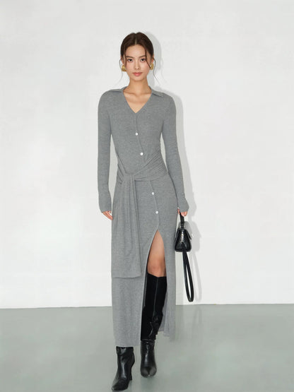 NEVA HU black polo knitted sexy slit dress feminine v-neck slim hip-covering bottoming long skirt