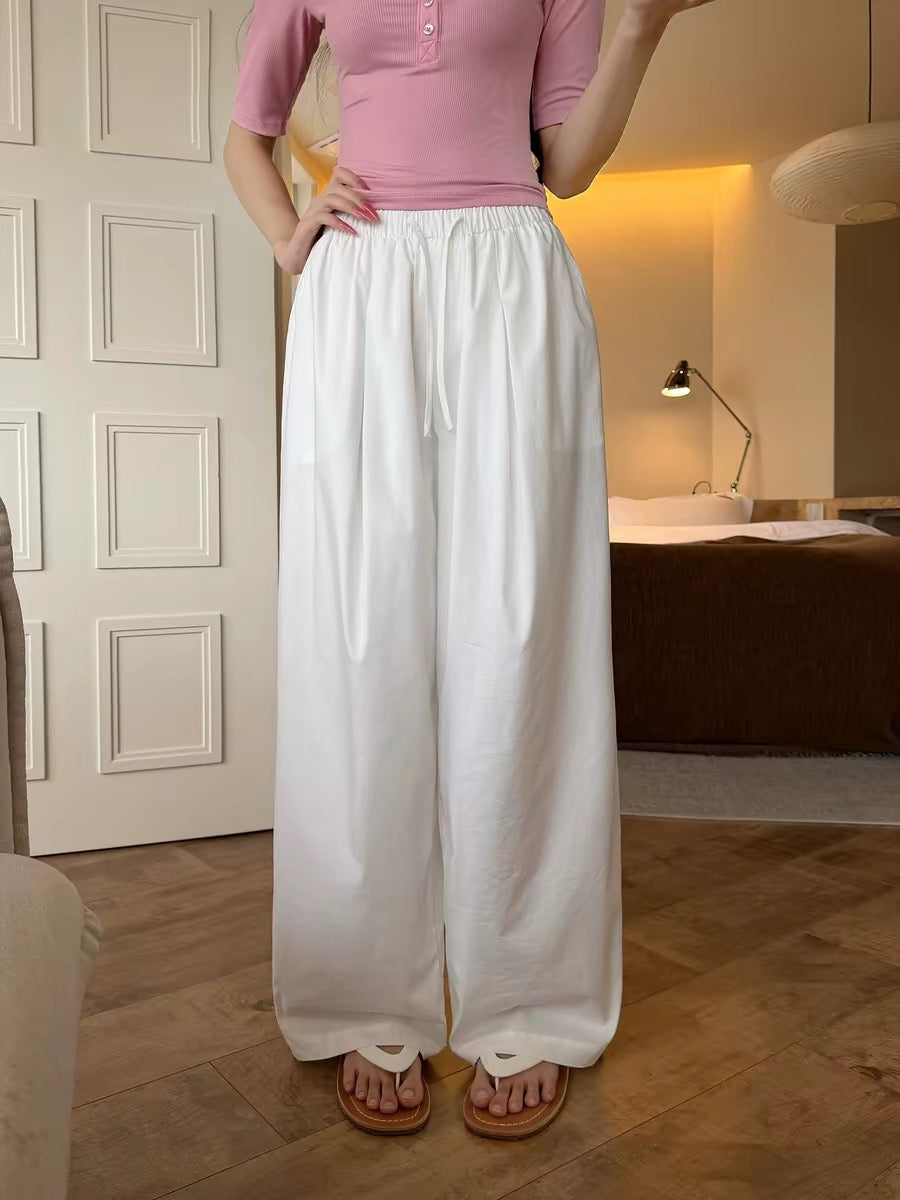OIOI ESSE｜Summer Breathable Loose Wide-Leg Pants for Women, Casual Style, Relaxed Fit, Drawstring Floor-Length Pants