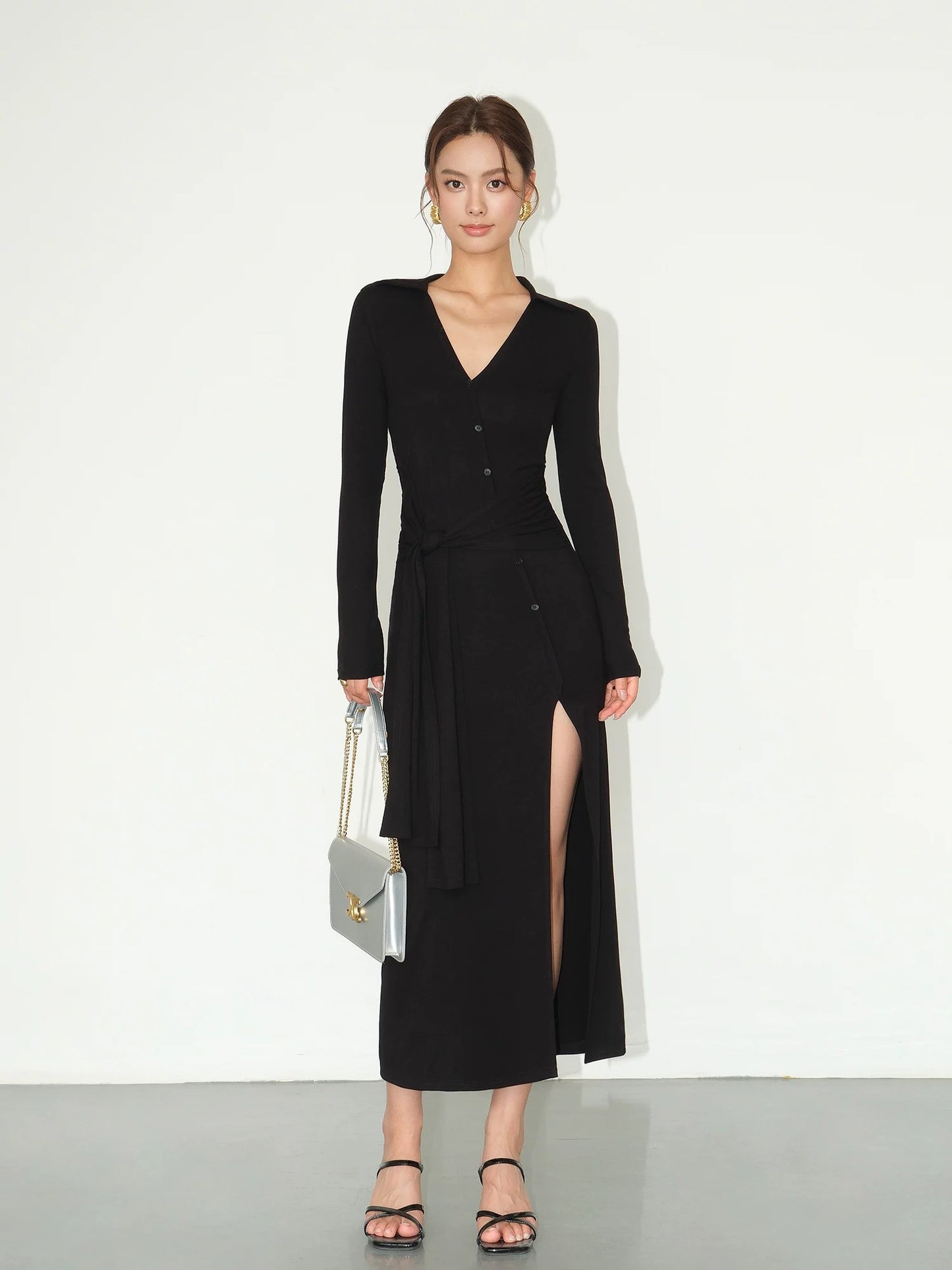 NEVA HU black polo knitted sexy slit dress feminine v-neck slim hip-covering bottoming long skirt