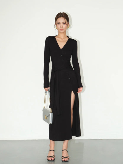 NEVA HU black polo knitted sexy slit dress feminine v-neck slim hip-covering bottoming long skirt