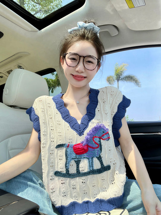 Cartoon Trojan Horse Embroidered Knitted Vest T-shirt Women's New Design Lazy Style V-neck Contrast Color Waistcoat Sleeveless Top