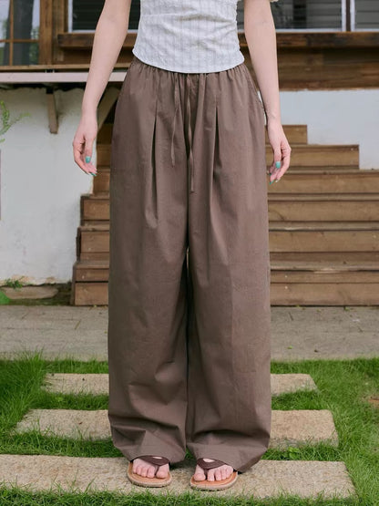 OIOI ESSE｜Summer Breathable Loose Wide-Leg Pants for Women, Casual Style, Relaxed Fit, Drawstring Floor-Length Pants