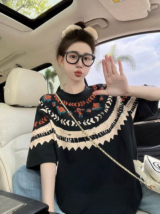 Black short-sleeved T-shirt women's summer Korean design ethnic style painted print loose slim casual top trend
