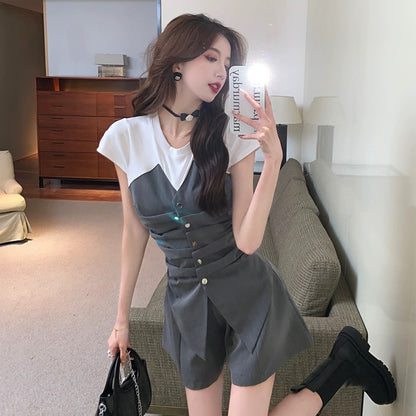 High-end suit, culottes, women's summer pure desire, niche design, slim-fitting t-shirt, tops, shorts, two-piece set