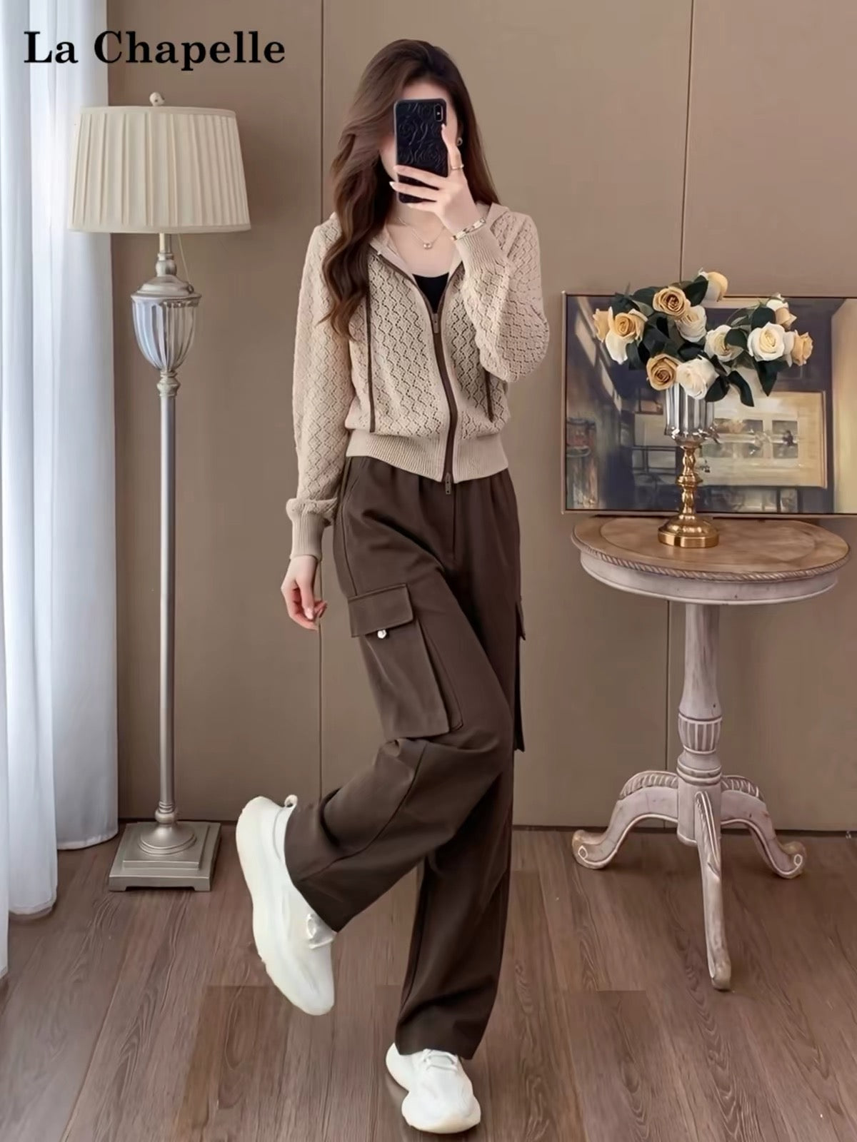 La Chapelle Women's Sophisticated Casual Two-Piece Set (Autumn 2026): Slimming Knit Top & Cargo-Style Joggers