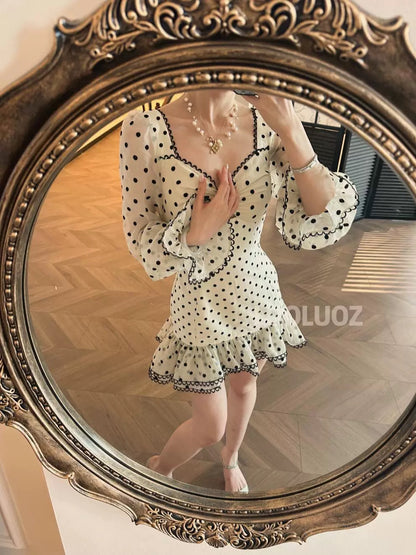 LUOLUOZ [Following the Waves] High-End Elegant Polka Dot Mesh Dress with a Stunning Slim Waist (JF960)