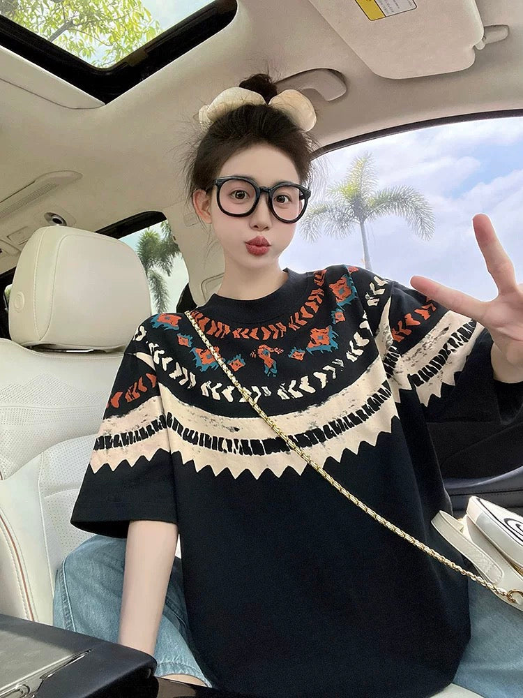 Black short-sleeved T-shirt women's summer Korean design ethnic style painted print loose slim casual top trend