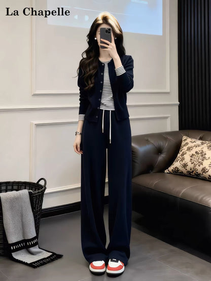 La Chapelle Trendy Korean-Style Striped "Faux-Layered" Top & High-Waisted Drawstring Wide-Leg Pants – Autumn Casual Athleisure Set