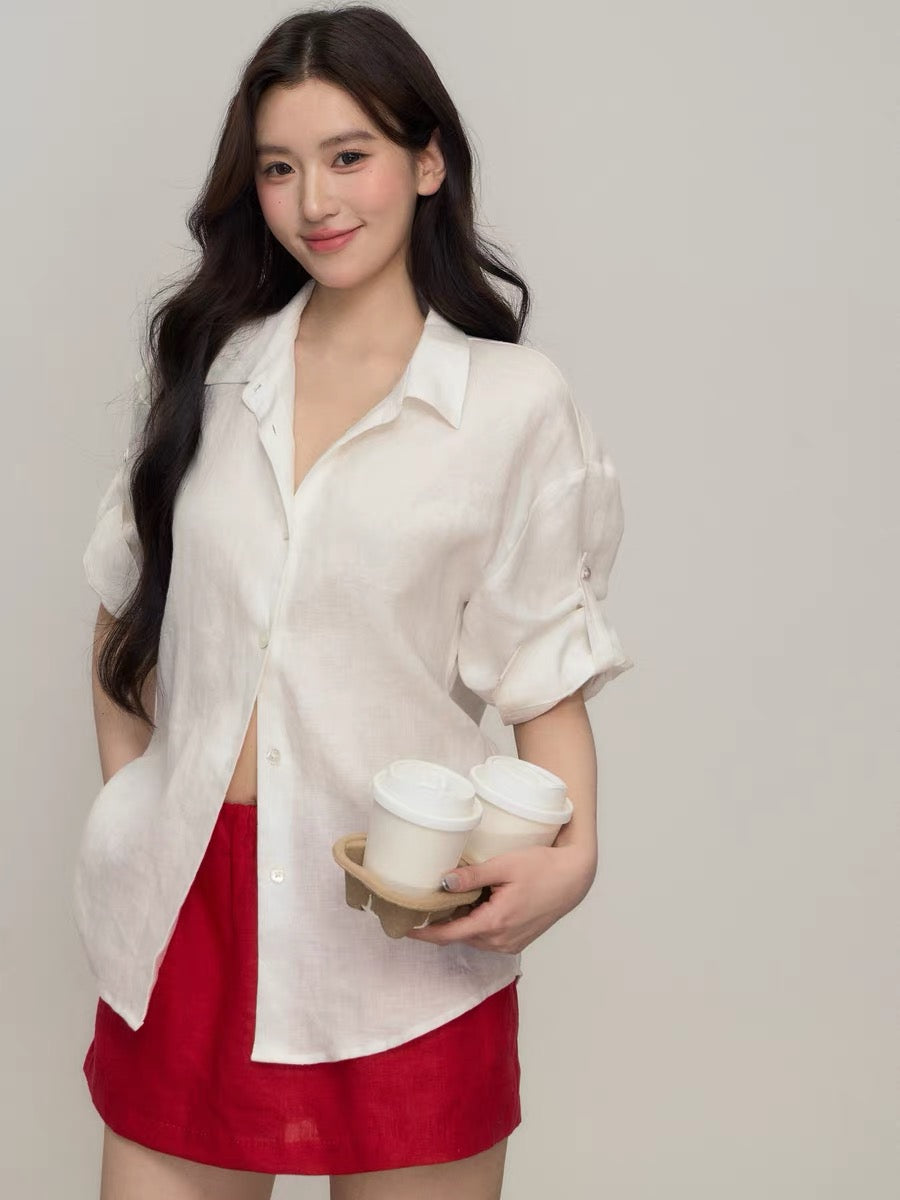 OIOI ESSE / "A Letter Sent Back from the Wind" 100% Linen Relaxed Style Vintage Shirt with Rolled Sleeves