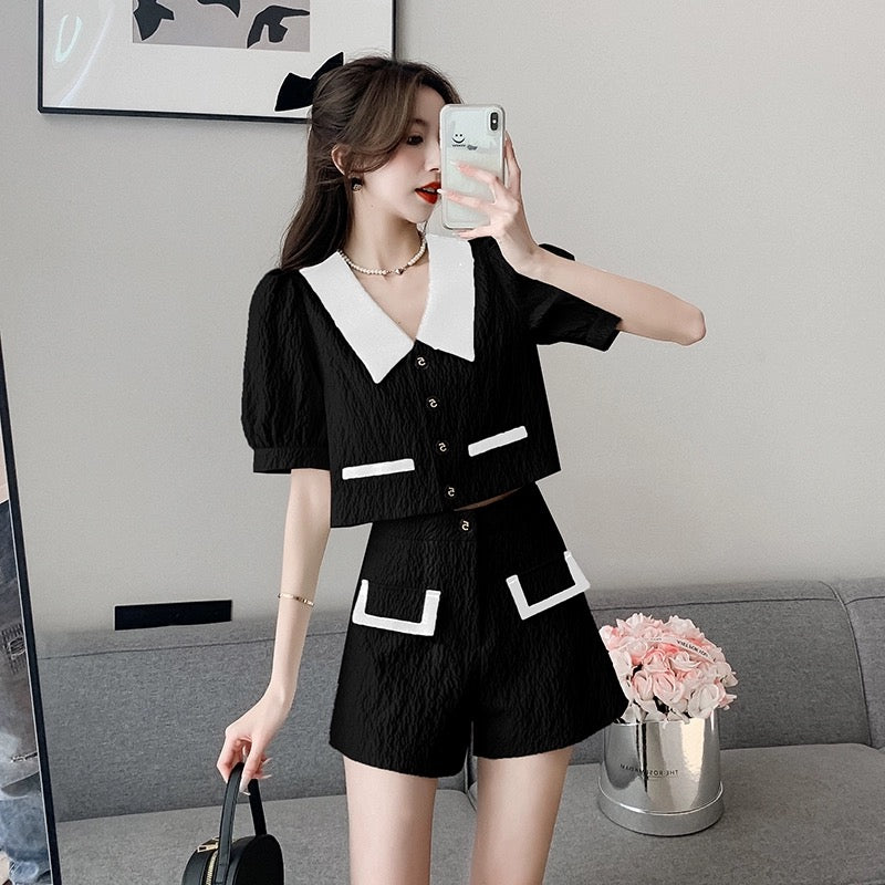 Xiaoxiangfeng suit culottes for women summer niche design short top high waist wide leg pants two piece set fashionable small dress