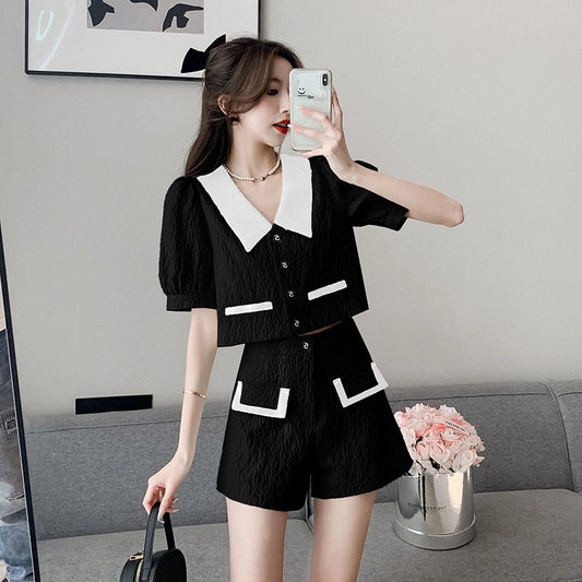 Xiaoxiangfeng suit culottes for women summer niche design short top high waist wide leg pants two piece set fashionable small dress