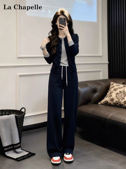 La Chapelle Trendy Korean-Style Striped "Faux-Layered" Top & High-Waisted Drawstring Wide-Leg Pants – Autumn Casual Athleisure Set