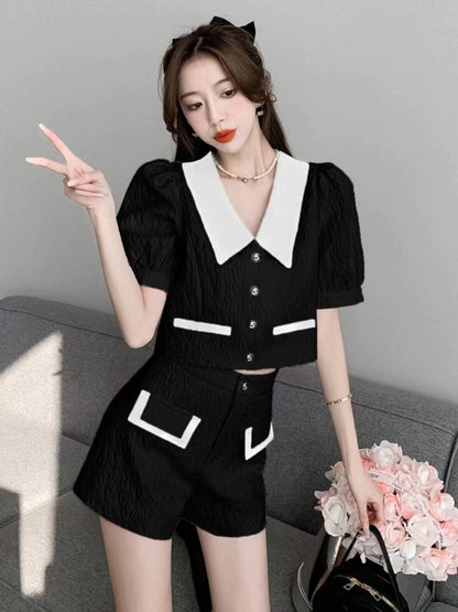 Xiaoxiangfeng suit culottes for women summer niche design short top high waist wide leg pants two piece set fashionable small dress