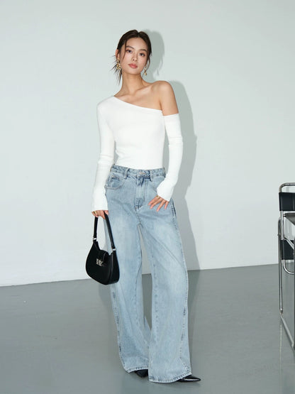 NEVA HU blue retro straight jeans for women 2024 high waist slimming loose wide leg pants floor mopping trousers