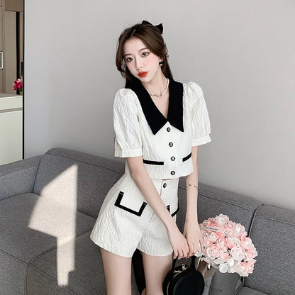 Xiaoxiangfeng suit culottes for women summer niche design short top high waist wide leg pants two piece set fashionable small dress