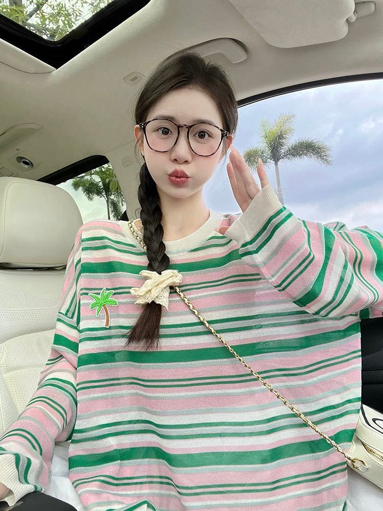 Contrast color striped long-sleeved T-shirt for women in autumn, new design, round neck, loose casual, thin sunscreen top