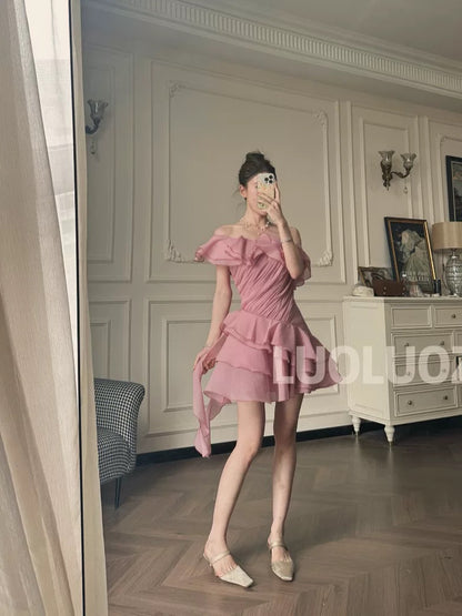 LUOLUOZ [Berlin Pink Mist] French-style Exquisite Color Slimming Pleated Short Dress JF817