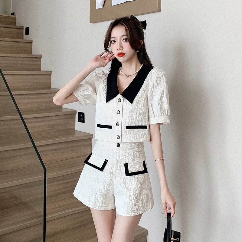 Xiaoxiangfeng suit culottes for women summer niche design short top high waist wide leg pants two piece set fashionable small dress