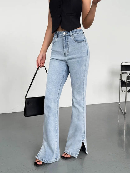 NEVA HU light color slit jeans for women 2024 summer new style high waist retro casual pants slim floor mopping pants