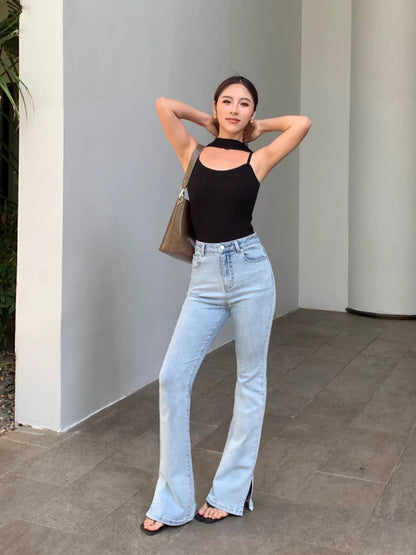 NEVA HU light color slit jeans for women 2024 summer new style high waist retro casual pants slim floor mopping pants