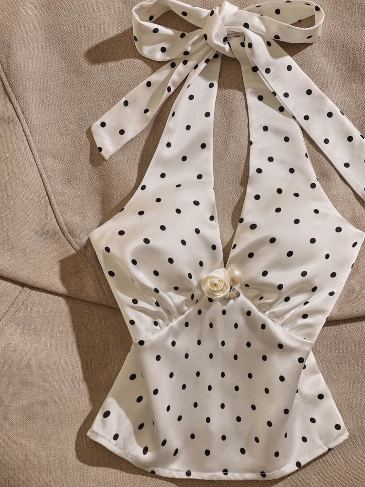 2025 Hot Girl Summer Polka Dot Camisole Vest with Neckline Exposed Design, New Style, Sexy and Chic Short Top for Women