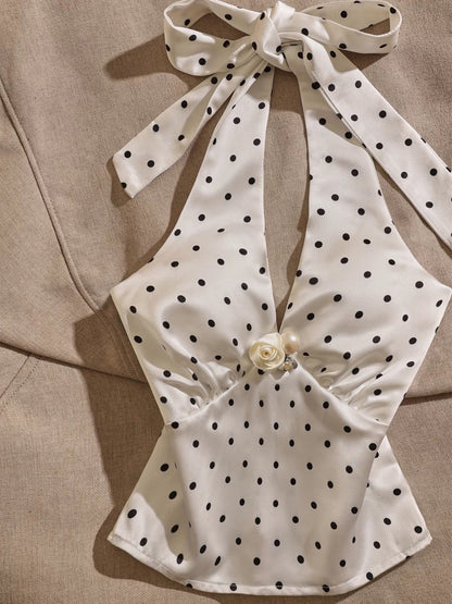 2025 Hot Girl Summer Polka Dot Camisole Vest with Neckline Exposed Design, New Style, Sexy and Chic Short Top for Women