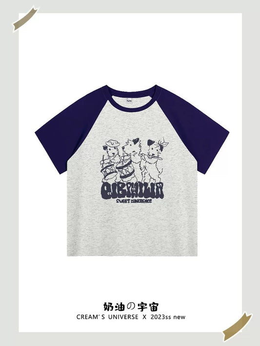 Cream Universe Cartoon band puppy raglan short-sleeved T-shirt for women Hong Kong chic slim half-sleeved summer new style