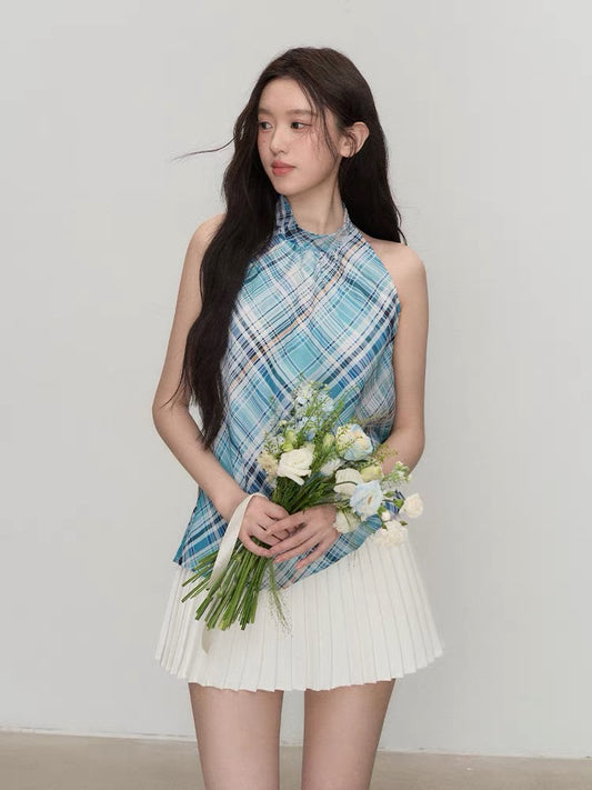 OIOI ESSE/"Your Shallow Sea Summer" Sea Salt Mint Plaid Halter Neck Vest for Women, Summer Design Top