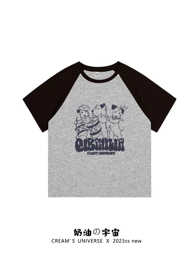 Cream Universe Cartoon band puppy raglan short-sleeved T-shirt for women Hong Kong chic slim half-sleeved summer new style